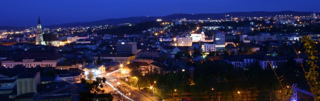 A night time view of Cluj Napoca in Romania