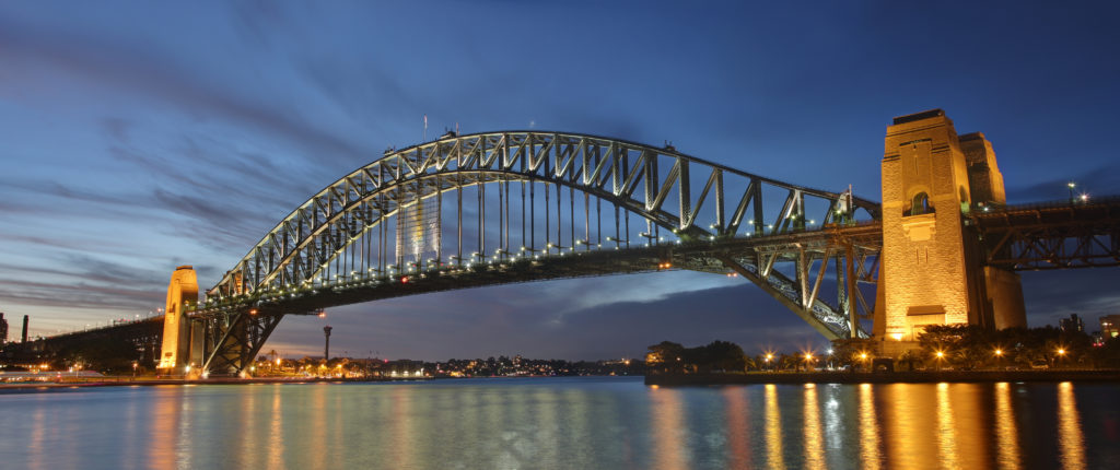 A view of the iconic Sydney Harbor Bridge at Dusk