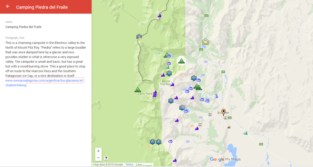 A google maps view of the potential camping spots during your trek in Patagonia
