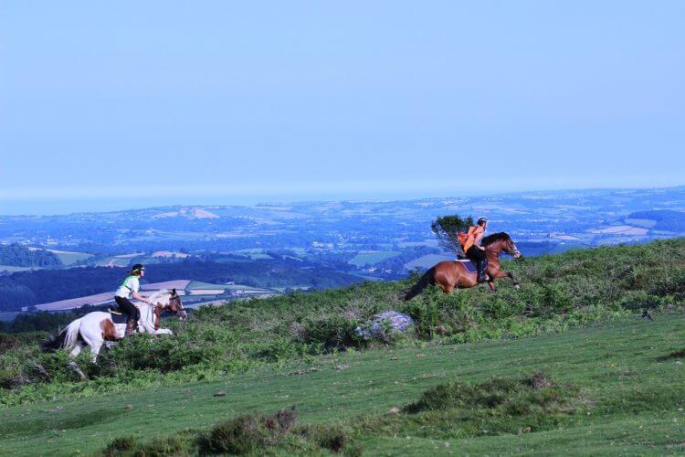 Some folks riding horses across the dartmoor national park