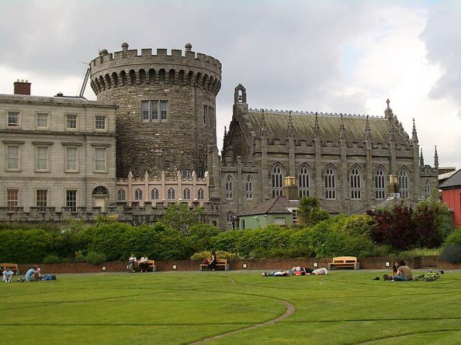 An image of the dublin castle during an overcast day is shown here