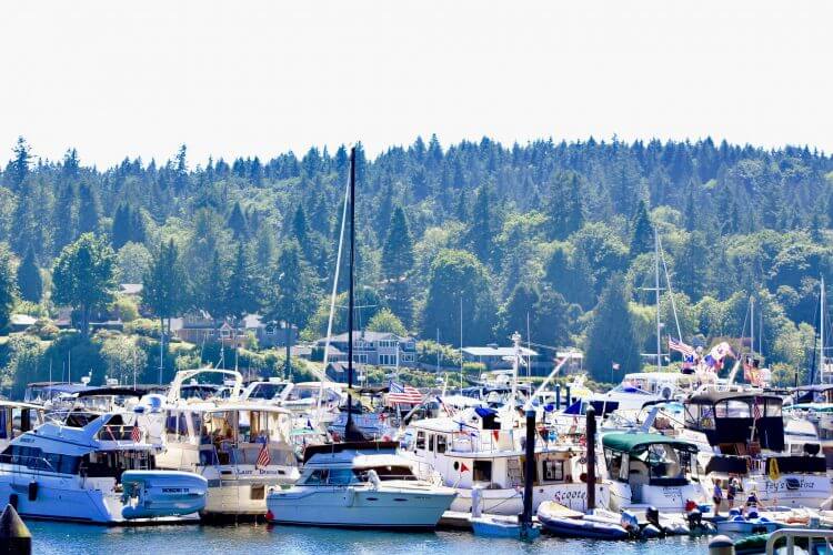 This picture shows some boats anchored at eagle harbour