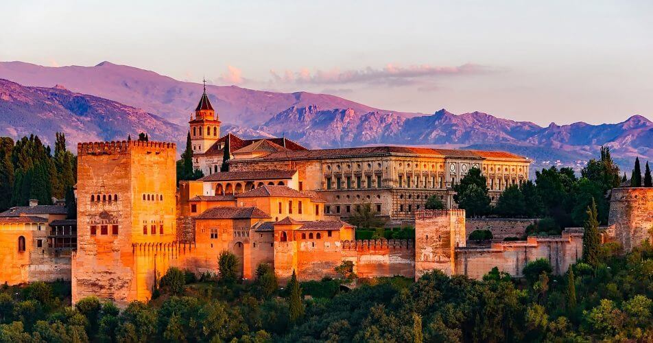 Alhambra a word heritage site in Granada Spain is photographed here at dusk