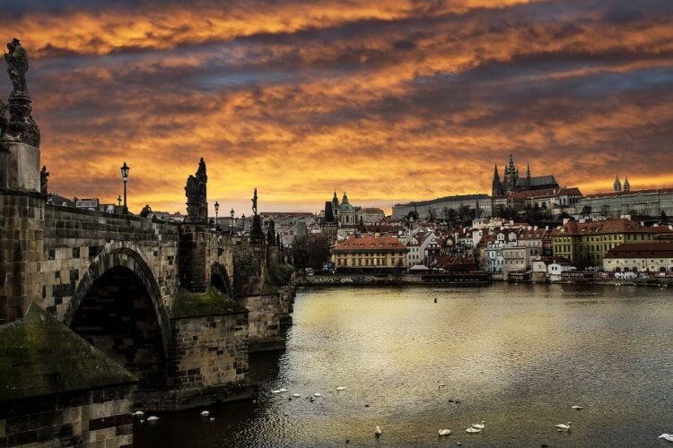 Prague at sunset is seen here
