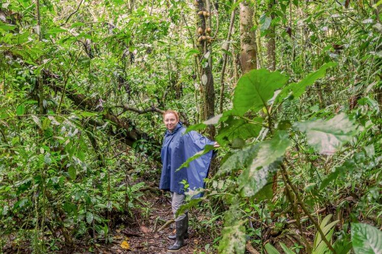 An image of a rain poncho for hiking worn by a woman