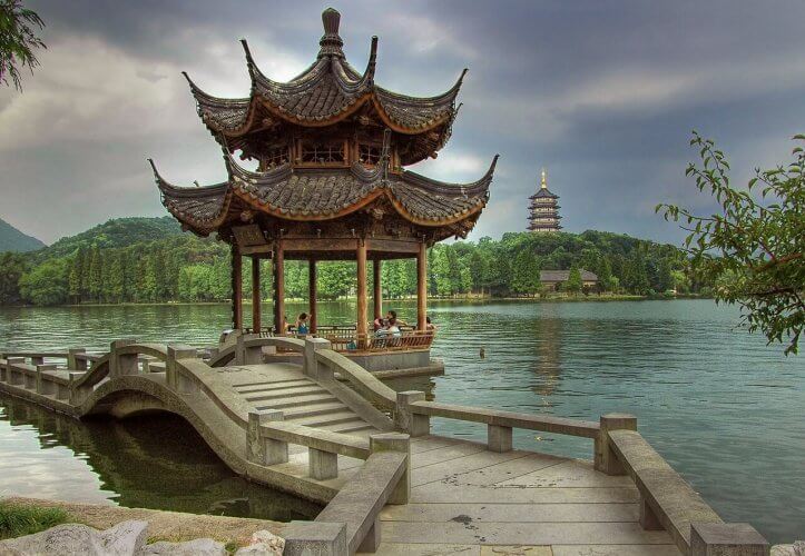The architecture by the lake in hangzhou is on display here