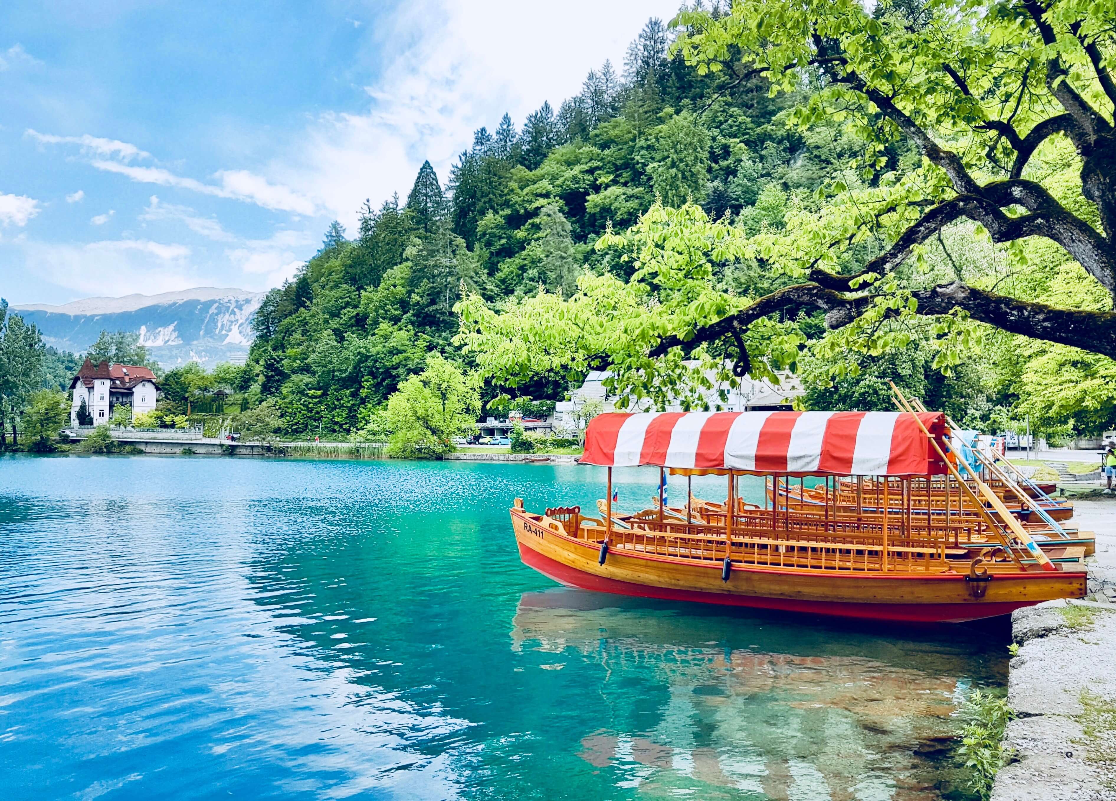 An image of a boat on Lake Bled in Slovenia