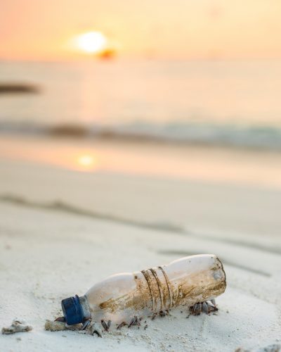 Plastic bottle lying on the beach at sunset